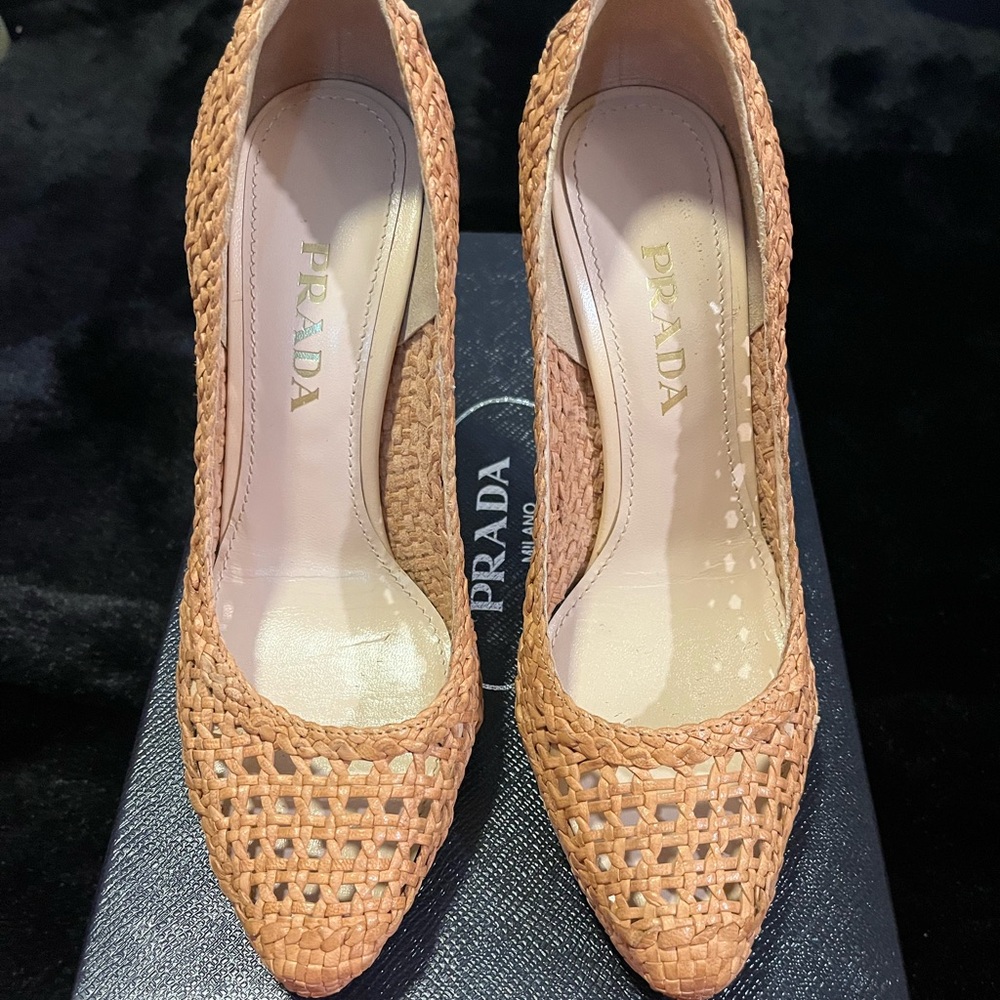 Prada Women's Tan Woven Heels